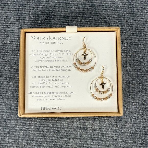Demdaco Your Journey Prayer Earrings Gold Cross Beaded Dangle Hoops New In Box - Picture 1 of 4